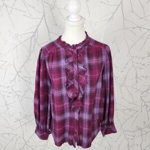 Democracy Fuchsia Pink Plaid Ruffle Button Front Flannel Blouse